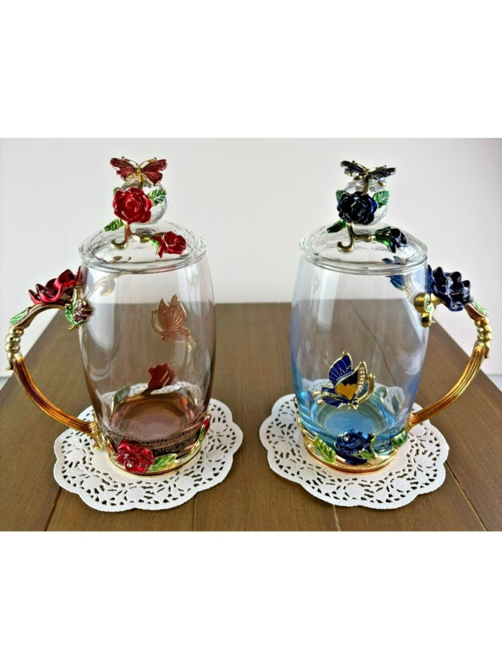 BTAT Brew To A Tea 2 Glass Cups Lids Spoon Butterfly Box Pink Blue Original Box